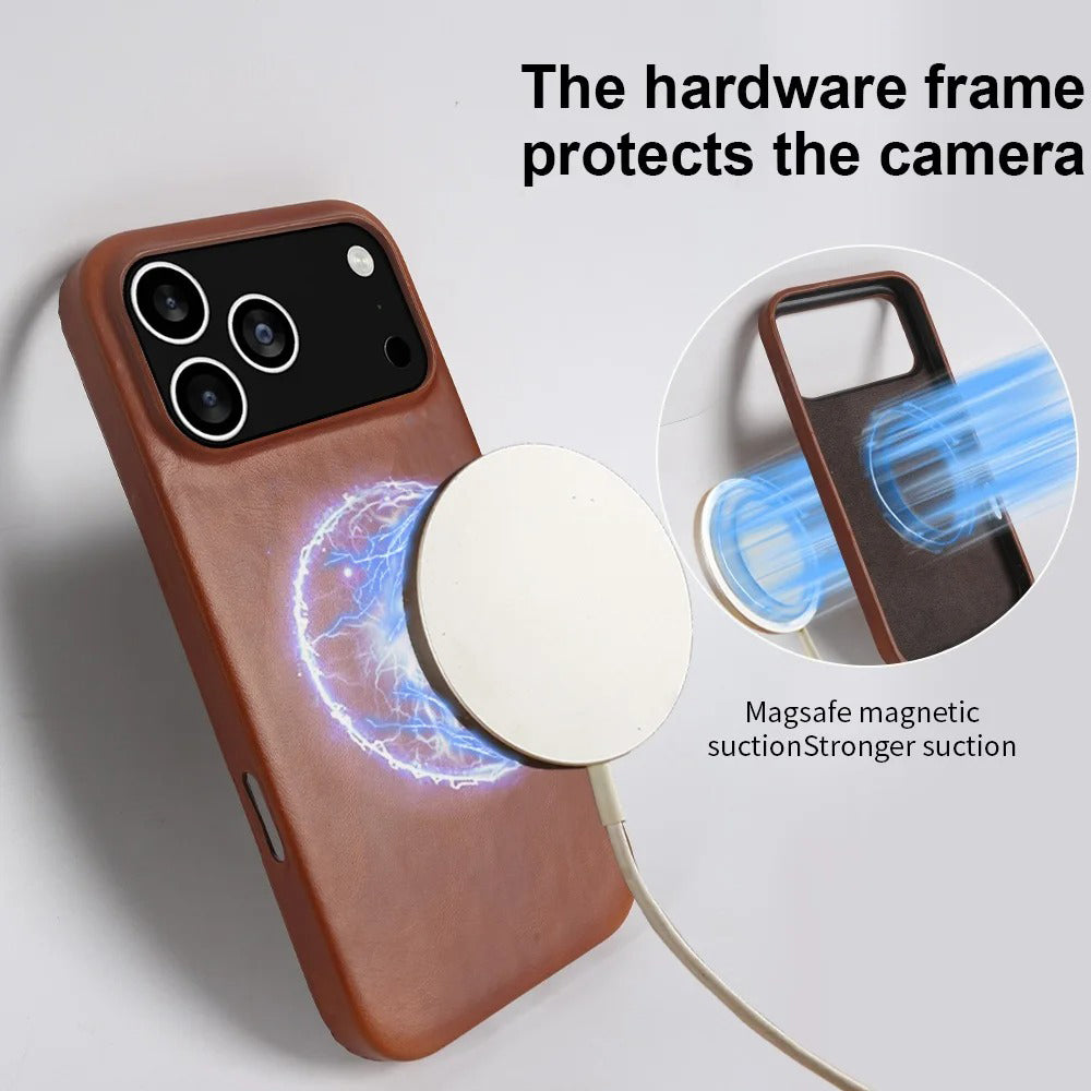 Luxury iPhone Case — MagSafe Vintage Oil-Wax Genuine Leather Cover with Full-Covered Shockproof Protection, Dustproof Anti-Slip Design