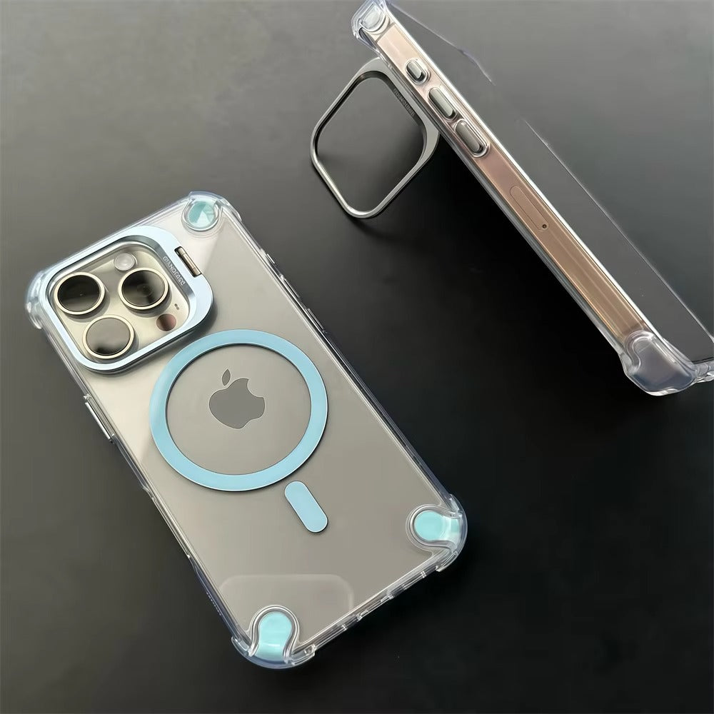 Luxury iPhone Case — Magnetic Shockproof Cover with MagSafe, Glass Lens Protector, Metal Stand, Anti-Scratch Dual-Layer PC+TPU Design