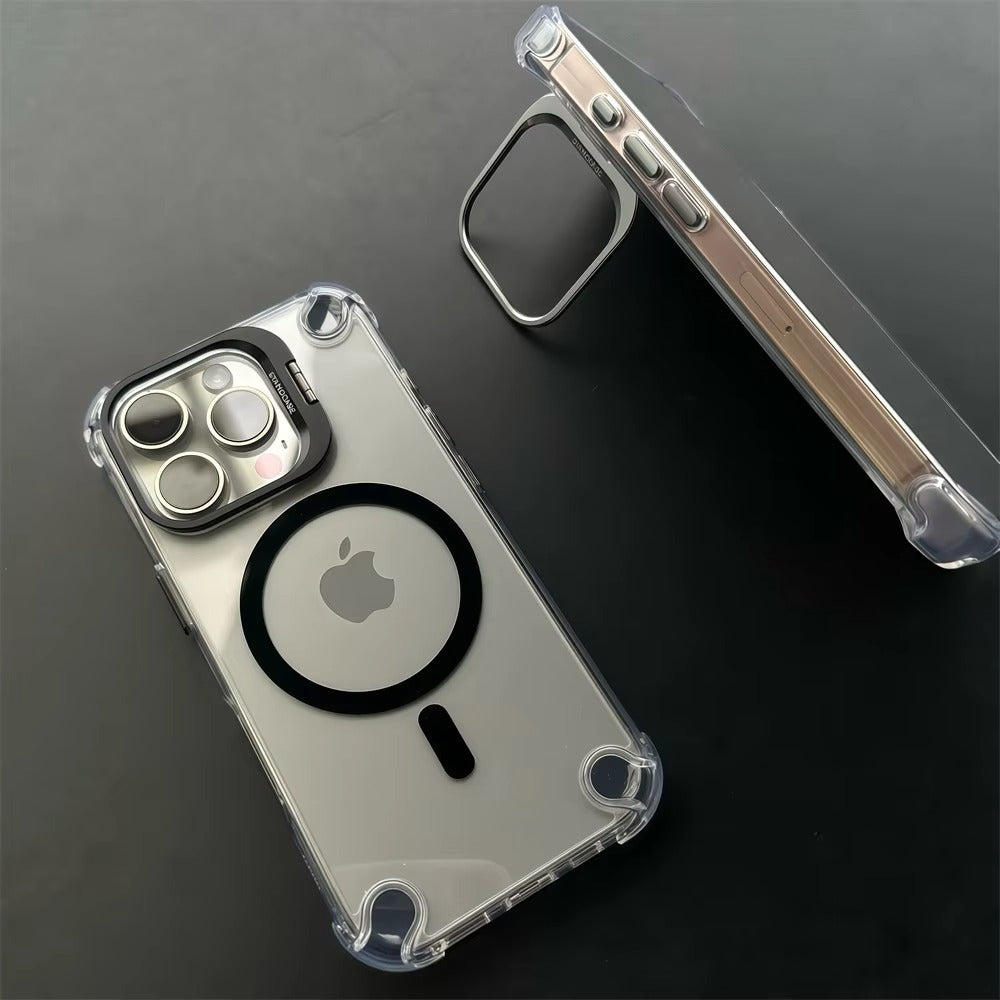 Luxury iPhone Case — Magnetic Shockproof Cover with MagSafe, Glass Lens Protector, Metal Stand, Anti-Scratch Dual-Layer PC+TPU Design