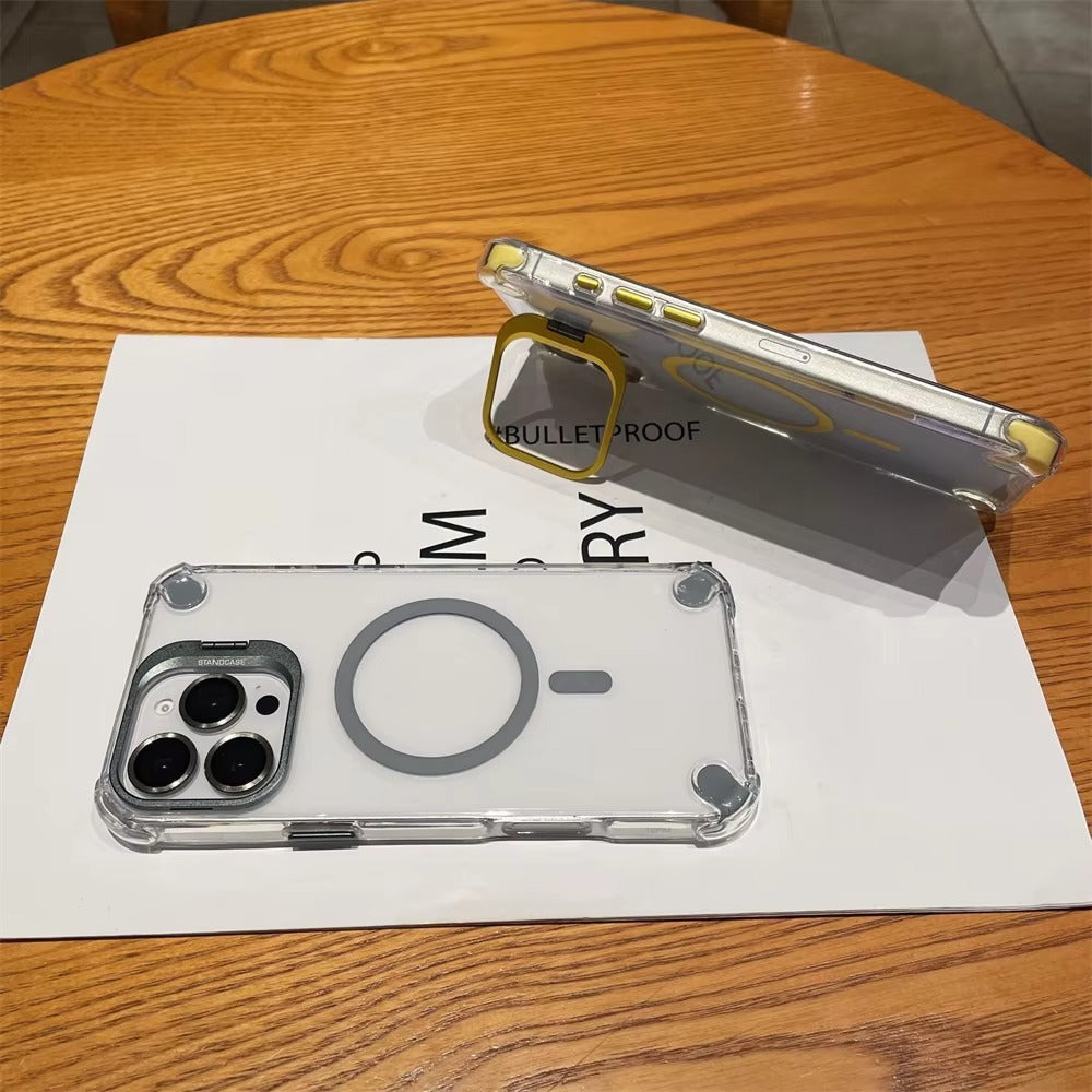 Luxury iPhone Case — Magnetic Shockproof Cover with MagSafe, Glass Lens Protector, Metal Stand, Anti-Scratch Dual-Layer PC+TPU Design