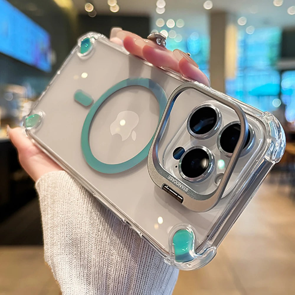Luxury iPhone Case — Magnetic Shockproof Cover with MagSafe, Glass Lens Protector, Metal Stand, Anti-Scratch Dual-Layer PC+TPU Design