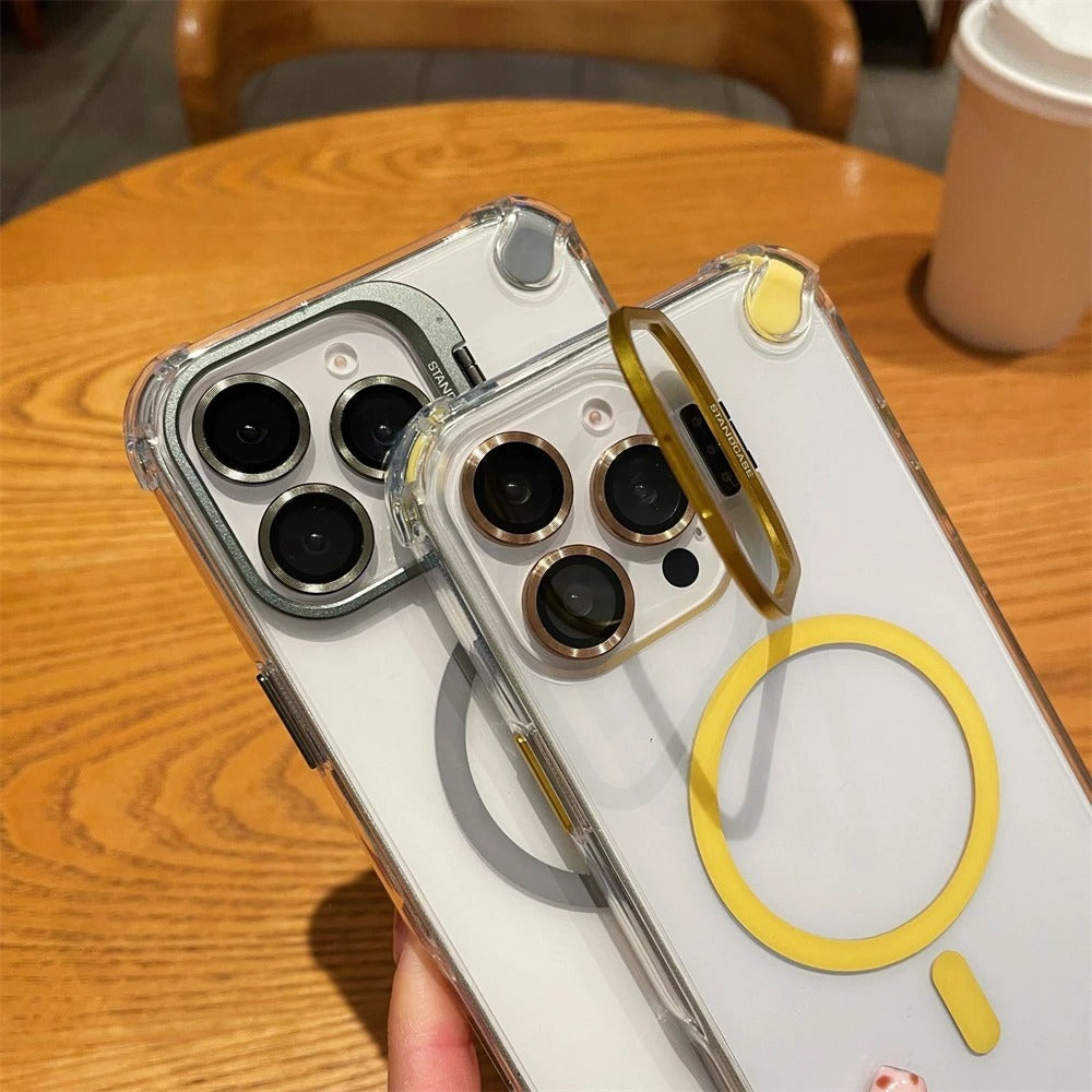 Luxury iPhone Case — Magnetic Shockproof Cover with MagSafe, Glass Lens Protector, Metal Stand, Anti-Scratch Dual-Layer PC+TPU Design