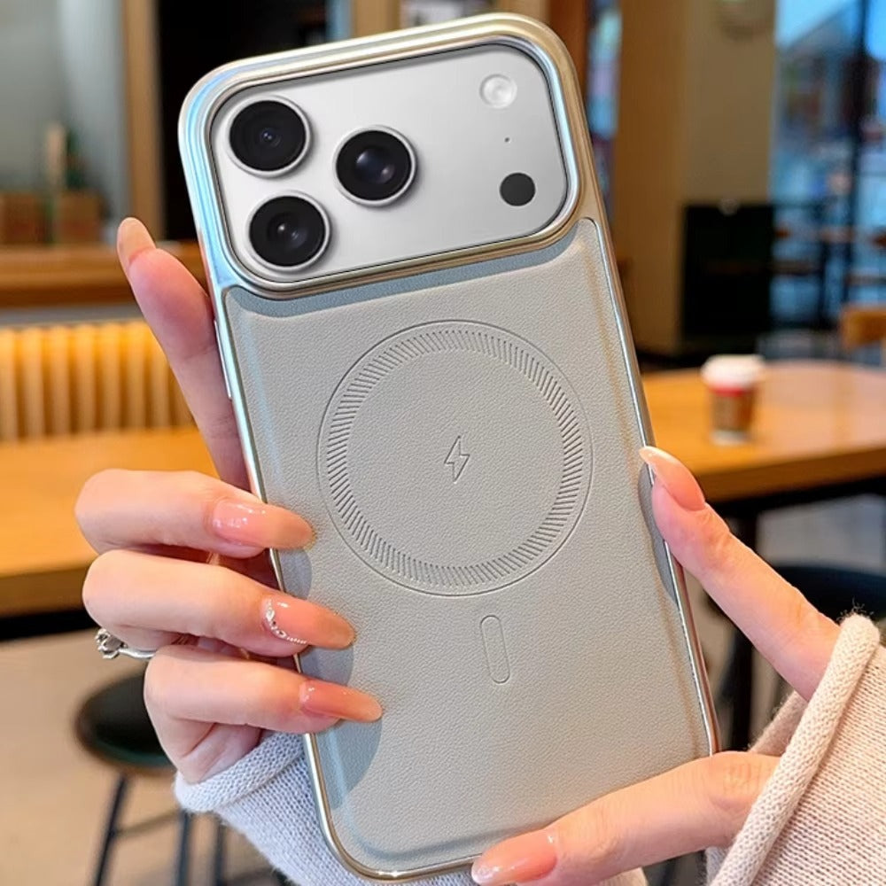 Luxury iPhone Case — Magnetic, Shockproof Leather Cover with Plating Frame, Original Business Design and MagSafe Wireless Charging Support