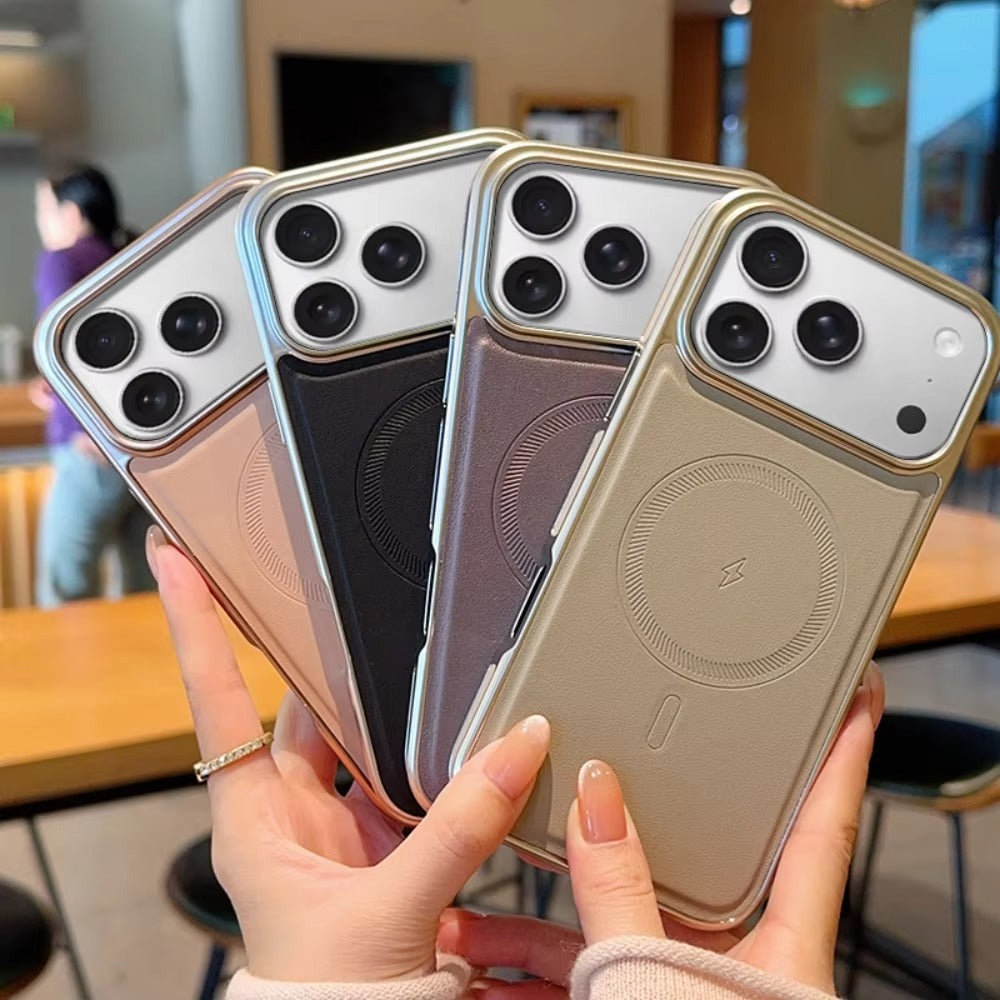 Luxury iPhone Case — Magnetic, Shockproof Leather Cover with Plating Frame, Original Business Design and MagSafe Wireless Charging Support