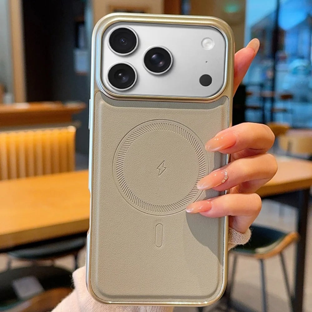 Luxury iPhone Case — Magnetic, Shockproof Leather Cover with Plating Frame, Original Business Design and MagSafe Wireless Charging Support
