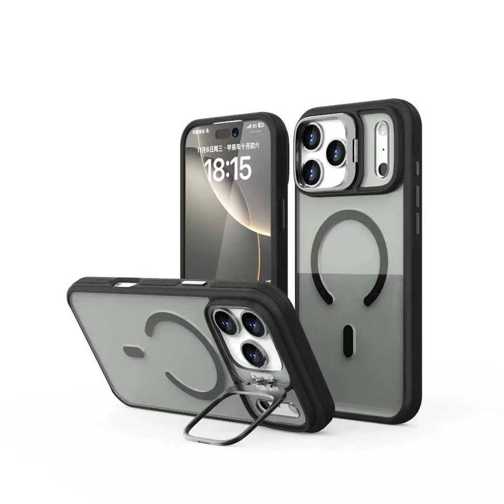 Luxury iPhone Case — Matte Transparent MagSafe Magnetic Cover with Metal Kickstand, Shockproof Armor Protection & Wireless Charging Support