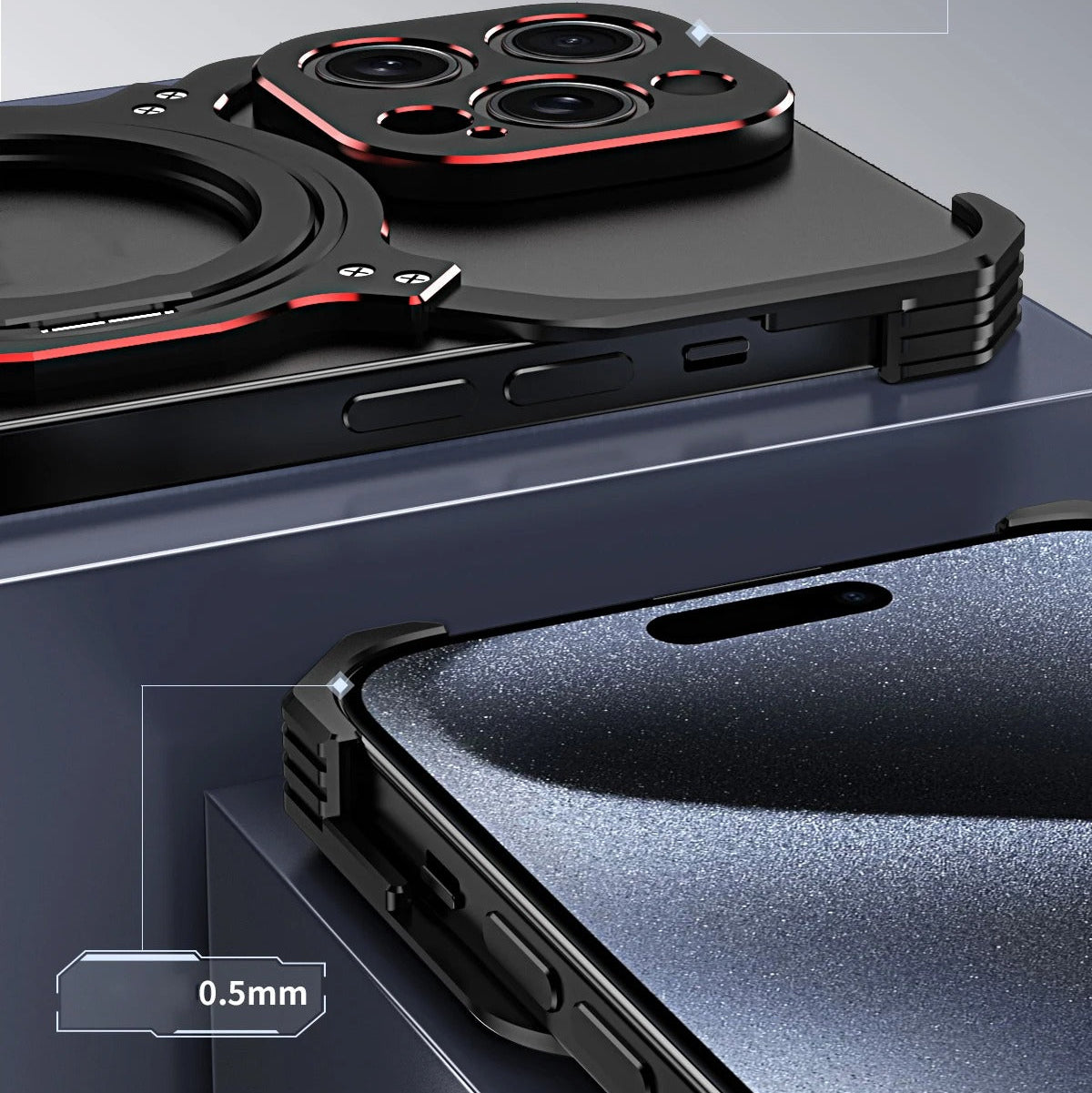 Luxury iPhone Case — Metal Alloy Punk Frame Bumper with 360° Rotating MagSafe Stand Ring, Shockproof Anti-Scratch Non-Slip Design