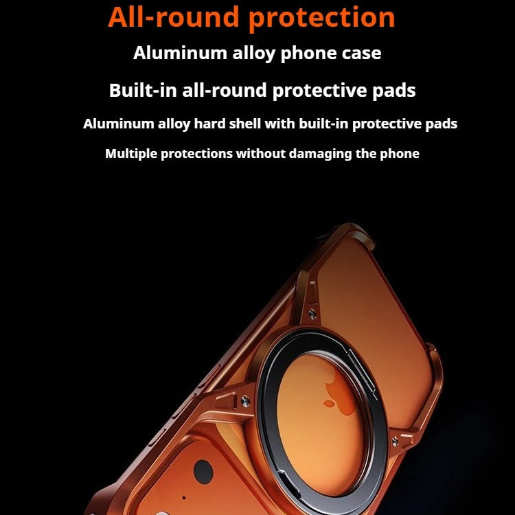 Luxury iPhone Case — Metal Alloy Punk Frame Bumper with 360° Rotating MagSafe Stand Ring, Shockproof Anti-Scratch Non-Slip Design