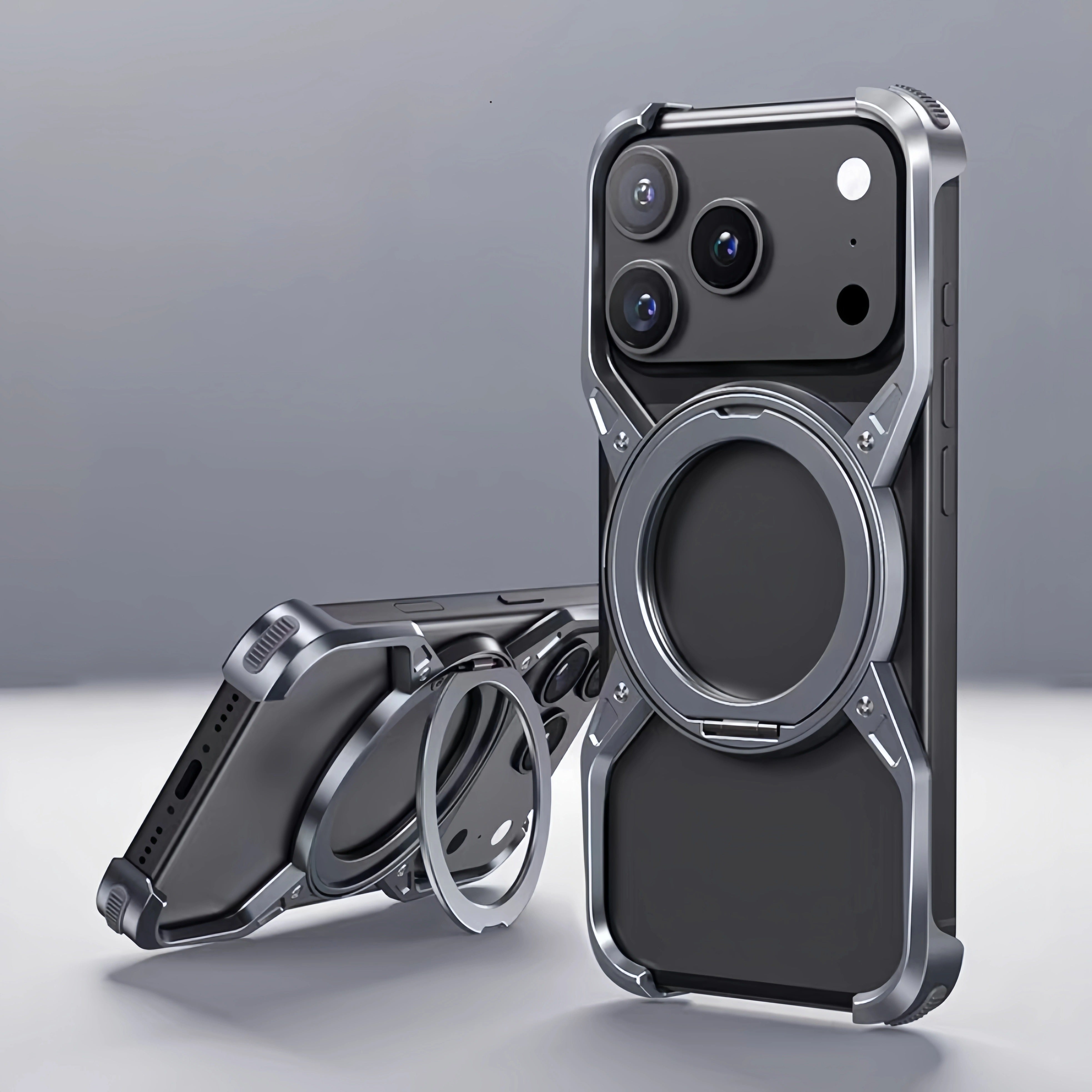 Luxury iPhone Case — Metal Alloy Punk Frame Bumper with 360° Rotating MagSafe Stand Ring, Shockproof Anti-Scratch Non-Slip Design