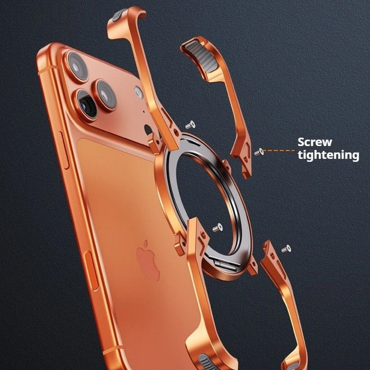 Luxury iPhone Case — Metal Alloy Punk Frame Bumper with 360° Rotating MagSafe Stand Ring, Shockproof Anti-Scratch Non-Slip Design