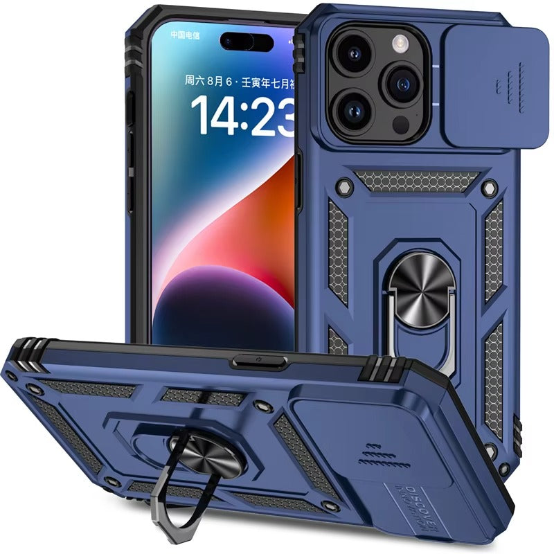 Luxury iPhone Case — Military-Grade Armor Cover with Rotating Ring Stand, Slide Camera Lens Protection & Shockproof Design