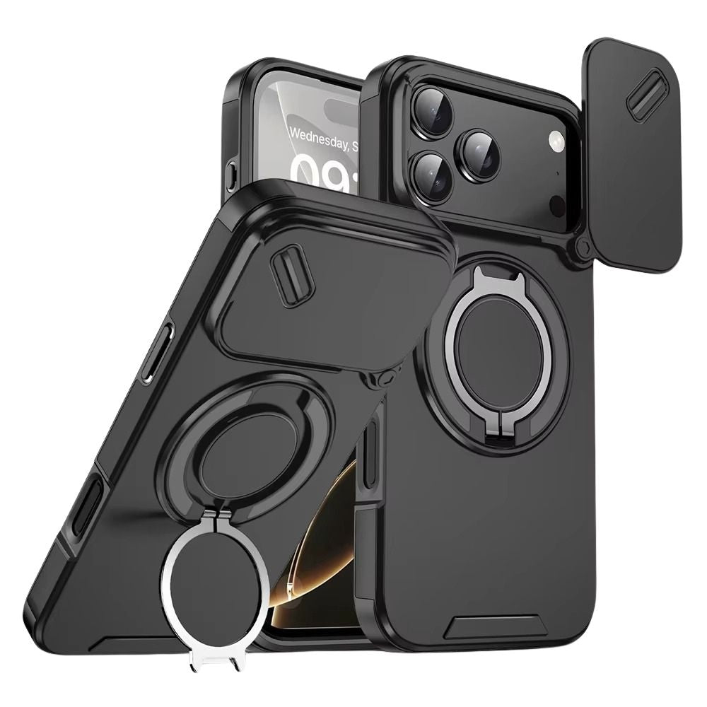 Luxury iPhone Case — Military Armor Magnetic Ring Cover with 360° Rotating Folding Stand, Full Lens Protection & Dual-Layer Shockproof Design