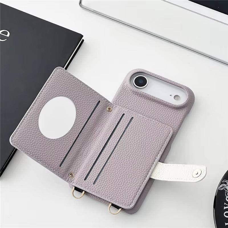 Luxury iPhone Case — Mirror Leather Crossbody Wallet Cover with Card Holder, Lanyard Strap and Shockproof Anti-Fall Protection