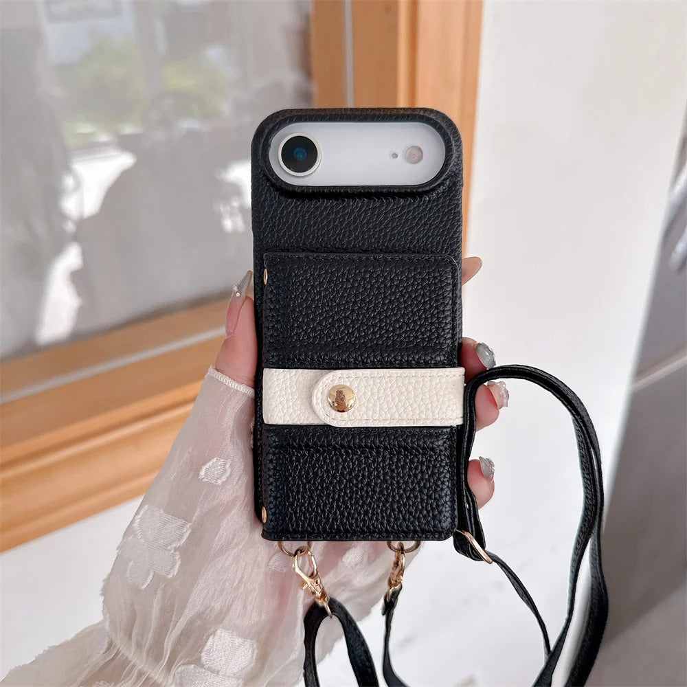 Luxury iPhone Case — Mirror Leather Crossbody Wallet Cover with Card Holder, Lanyard Strap and Shockproof Anti-Fall Protection