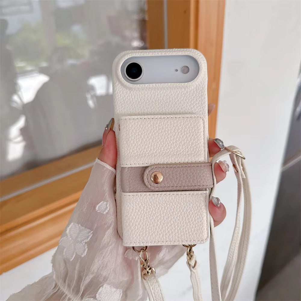 Luxury iPhone Case — Mirror Leather Crossbody Wallet Cover with Card Holder, Lanyard Strap and Shockproof Anti-Fall Protection