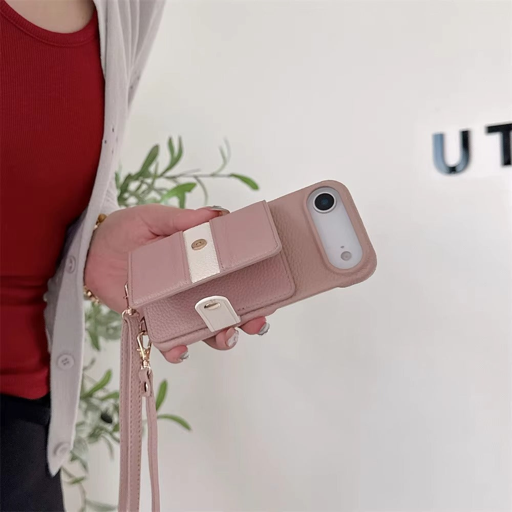 Luxury iPhone Case — Mirror Leather Crossbody Wallet Cover with Card Holder, Lanyard Strap and Shockproof Anti-Fall Protection