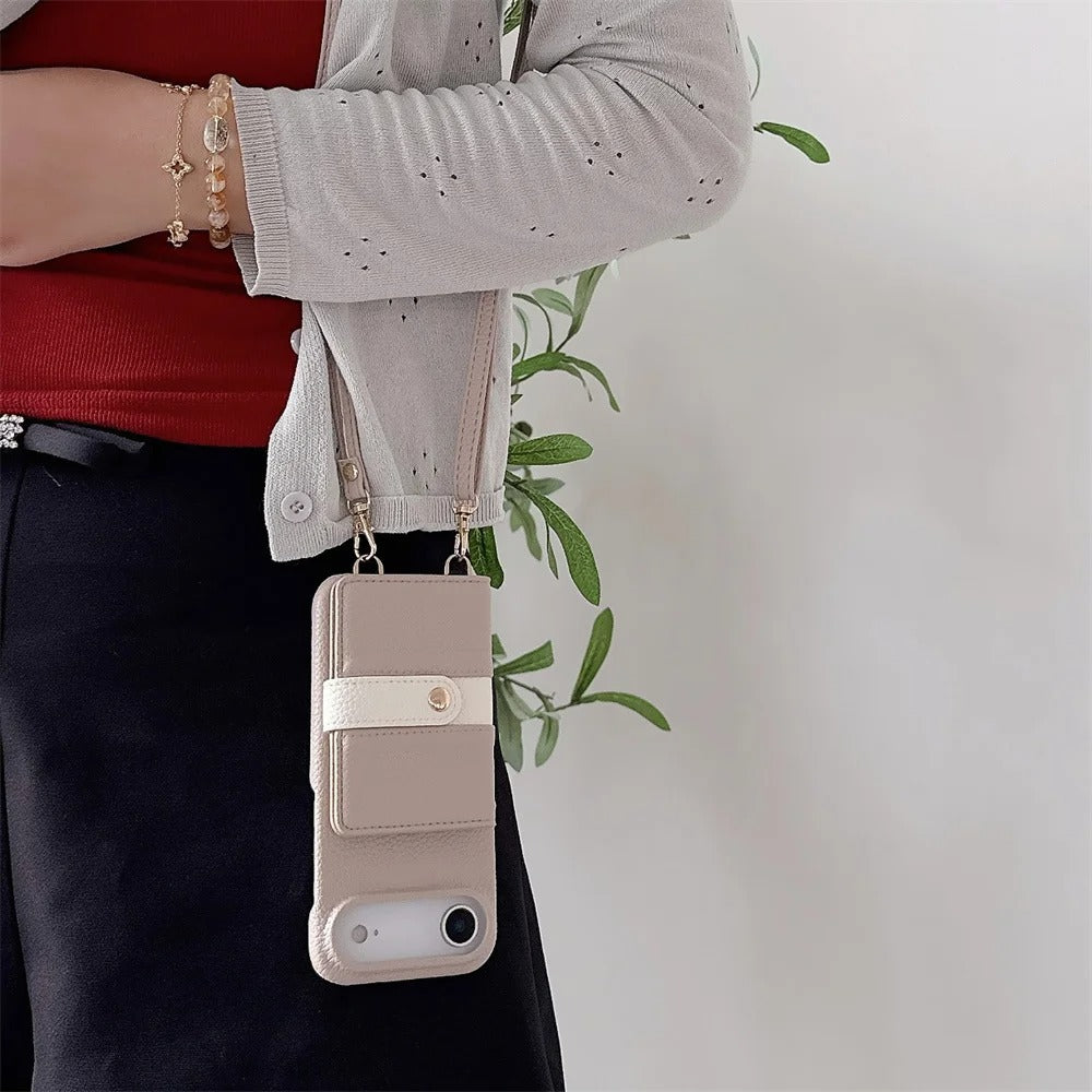 Luxury iPhone Case — Mirror Leather Crossbody Wallet Cover with Card Holder, Lanyard Strap and Shockproof Anti-Fall Protection