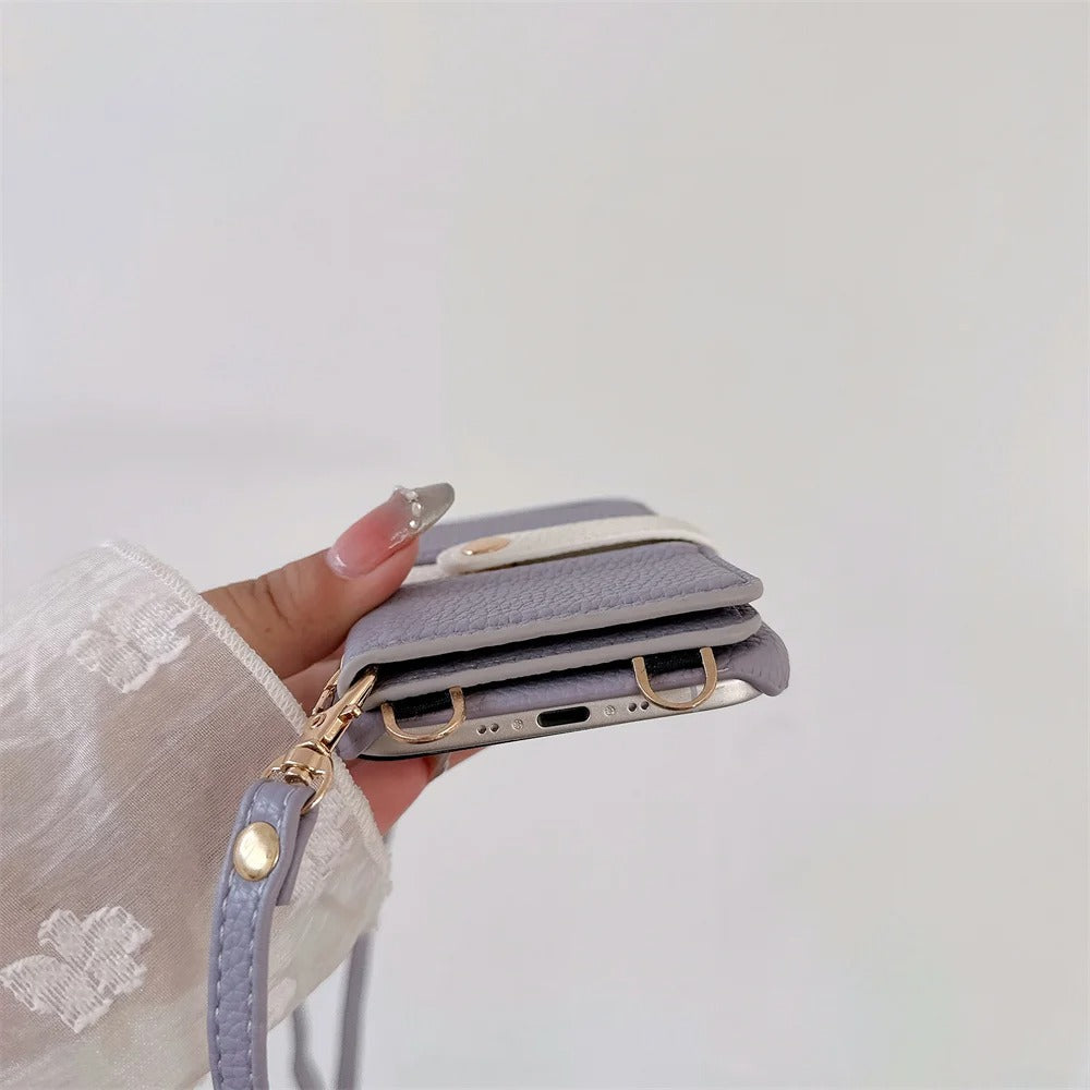 Luxury iPhone Case — Mirror Leather Crossbody Wallet Cover with Card Holder, Lanyard Strap and Shockproof Anti-Fall Protection