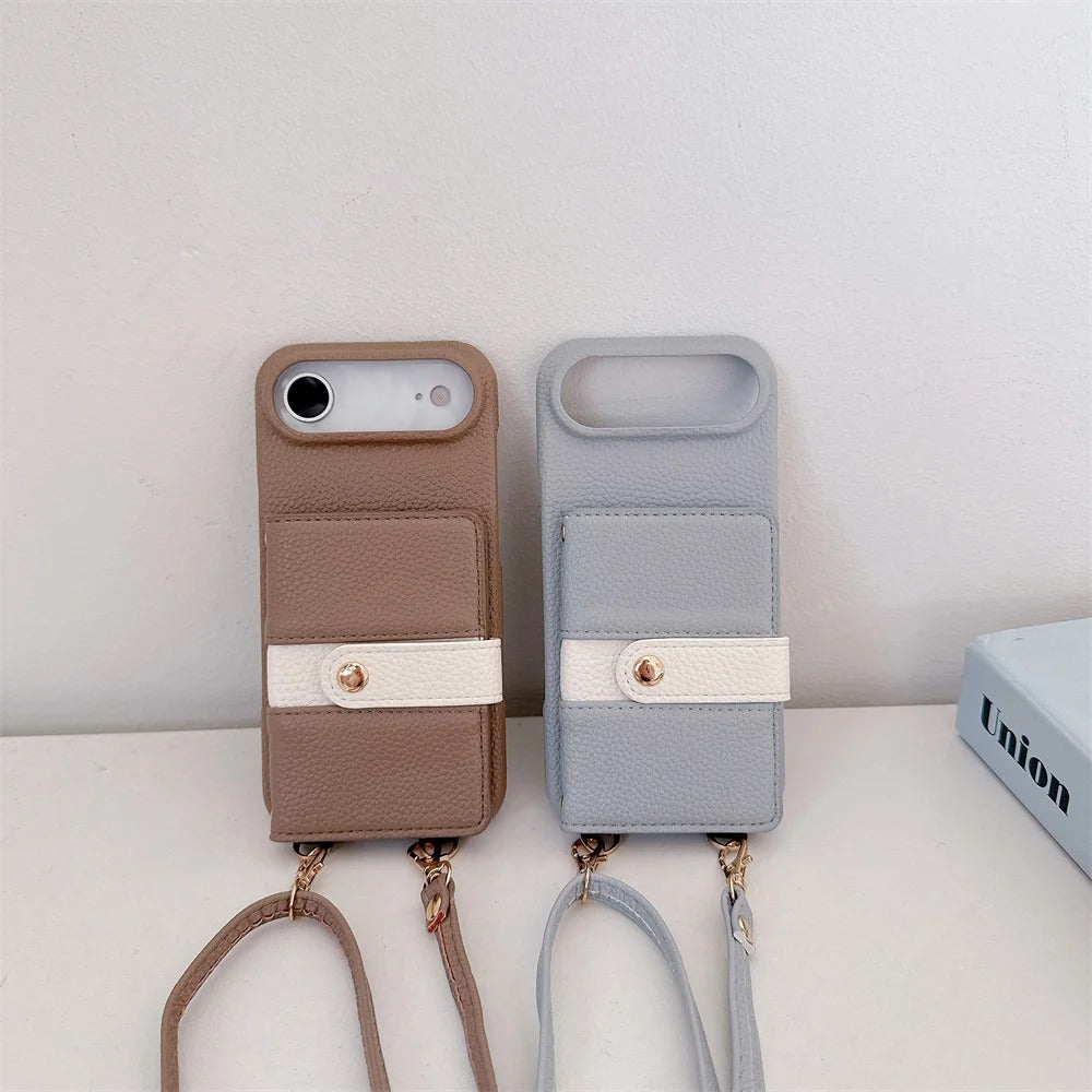 Luxury iPhone Case — Mirror Leather Crossbody Wallet Cover with Card Holder, Lanyard Strap and Shockproof Anti-Fall Protection