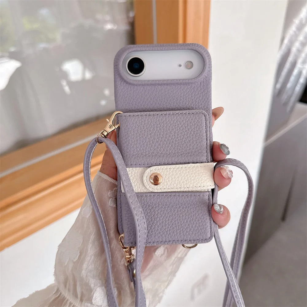 Luxury iPhone Case — Mirror Leather Crossbody Wallet Cover with Card Holder, Lanyard Strap and Shockproof Anti-Fall Protection