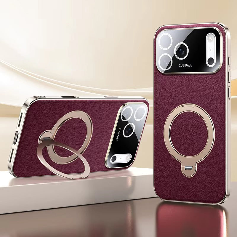 Luxury iPhone Case — PU Leather Cover with Rotating Metal Bracket Stand, Shockproof Back Protection and Premium Non-Slip Design