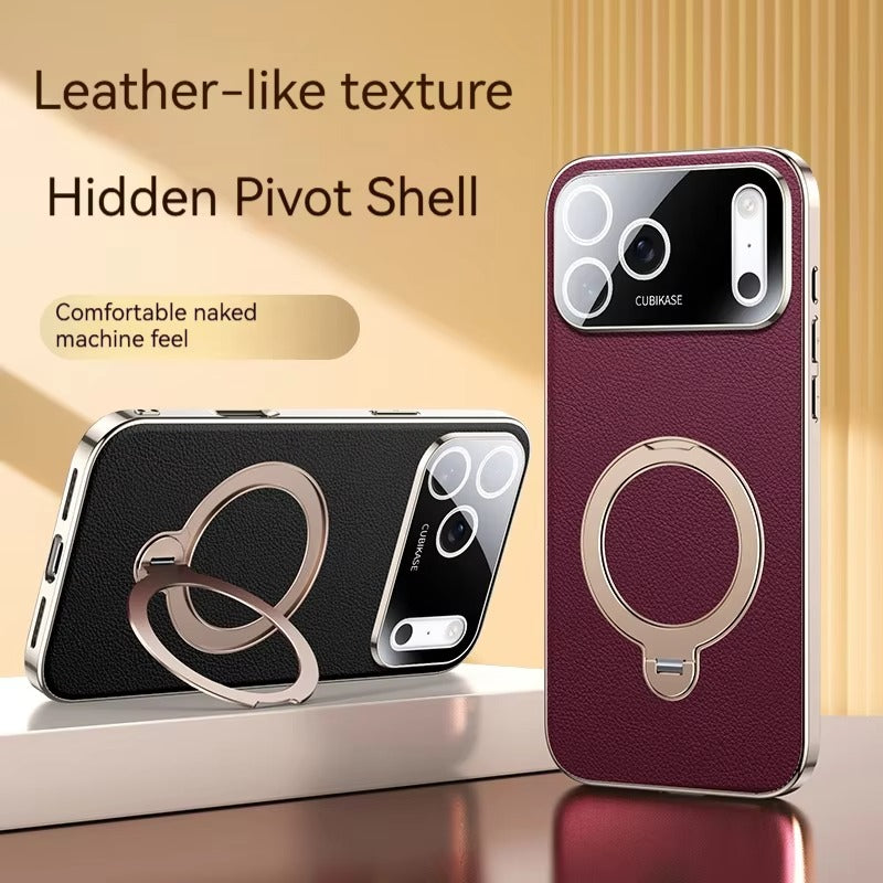 Luxury iPhone Case — PU Leather Cover with Rotating Metal Bracket Stand, Shockproof Back Protection and Premium Non-Slip Design