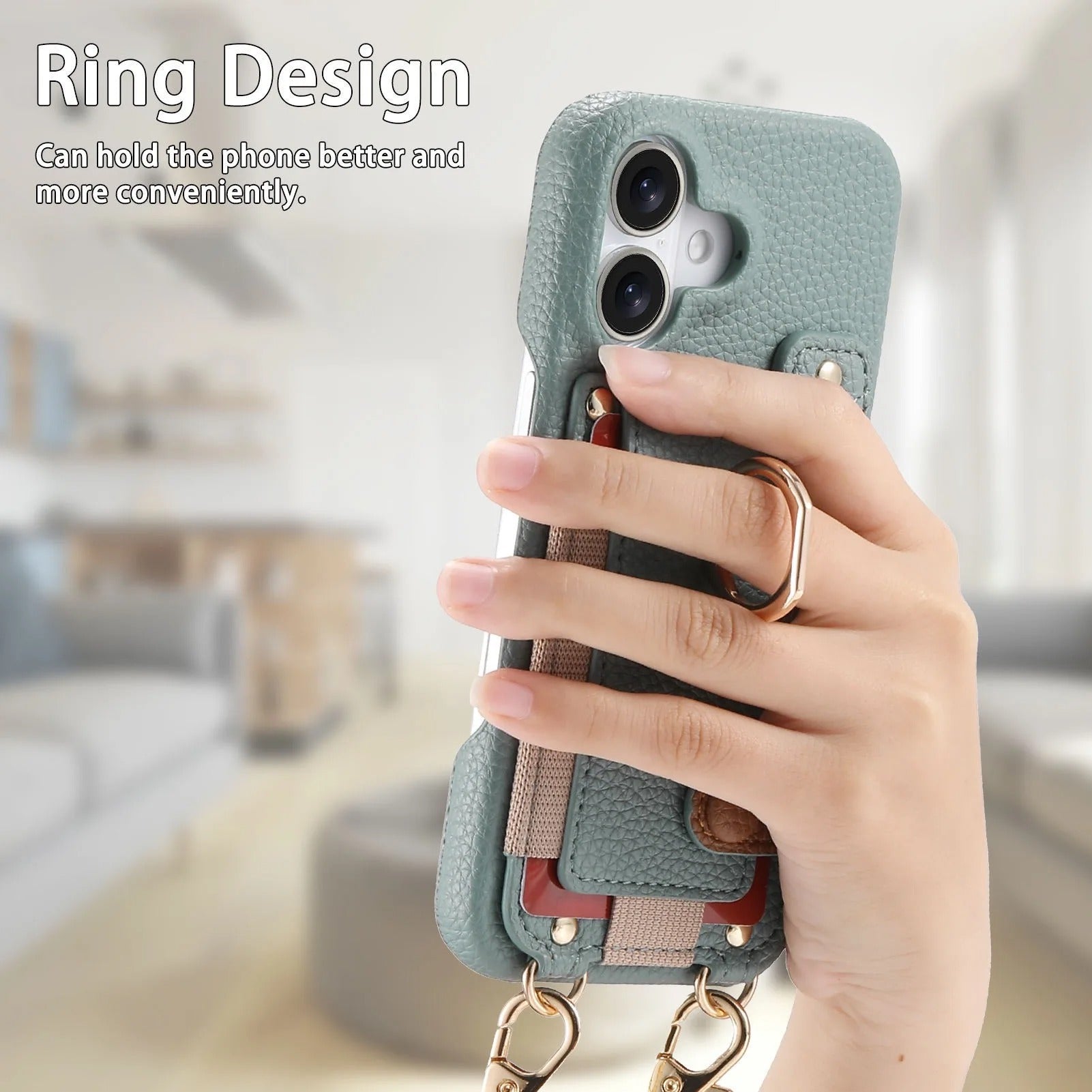 Luxury iPhone Case — PU Leather Crossbody Zipper Wallet Cover with Ring Holder, Card Slot Storage and Anti-Fingerprint Shockproof Protection