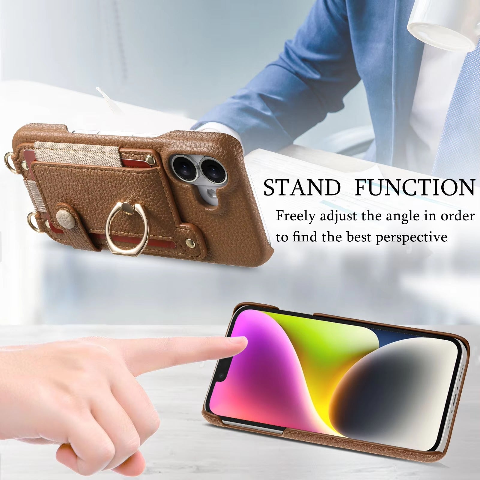 Luxury iPhone Case — PU Leather Crossbody Zipper Wallet Cover with Ring Holder, Card Slot Storage and Anti-Fingerprint Shockproof Protection