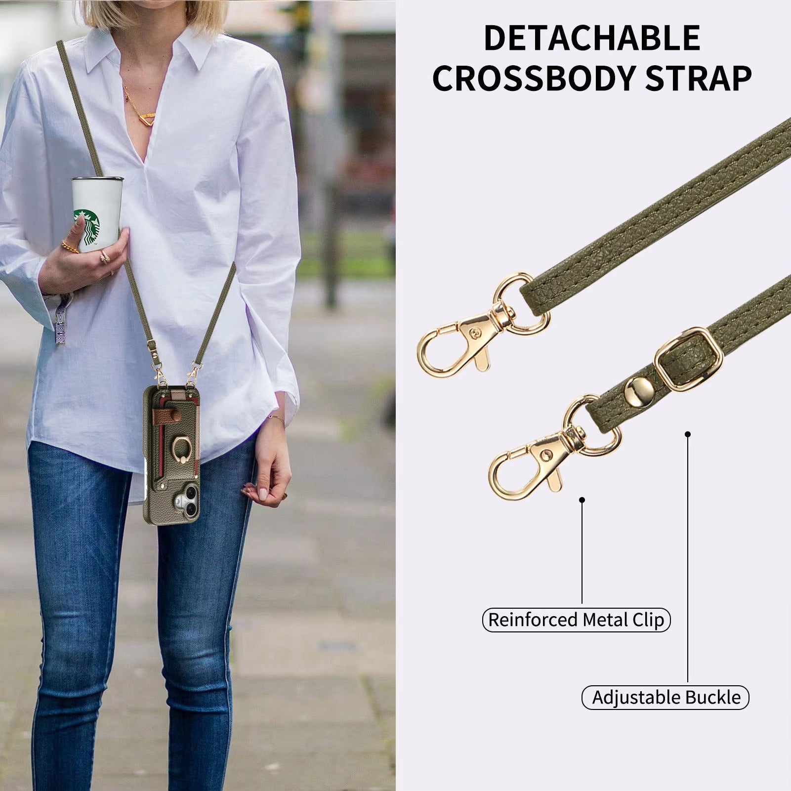 Luxury iPhone Case — PU Leather Crossbody Zipper Wallet Cover with Ring Holder, Card Slot Storage and Anti-Fingerprint Shockproof Protection