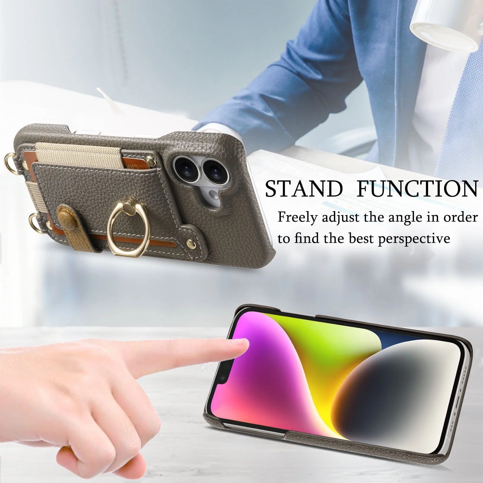 Luxury iPhone Case — PU Leather Crossbody Zipper Wallet Cover with Ring Holder, Card Slot Storage and Anti-Fingerprint Shockproof Protection