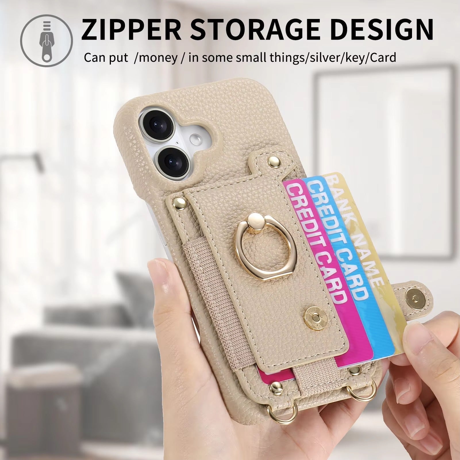 Luxury iPhone Case — PU Leather Crossbody Zipper Wallet Cover with Ring Holder, Card Slot Storage and Anti-Fingerprint Shockproof Protection