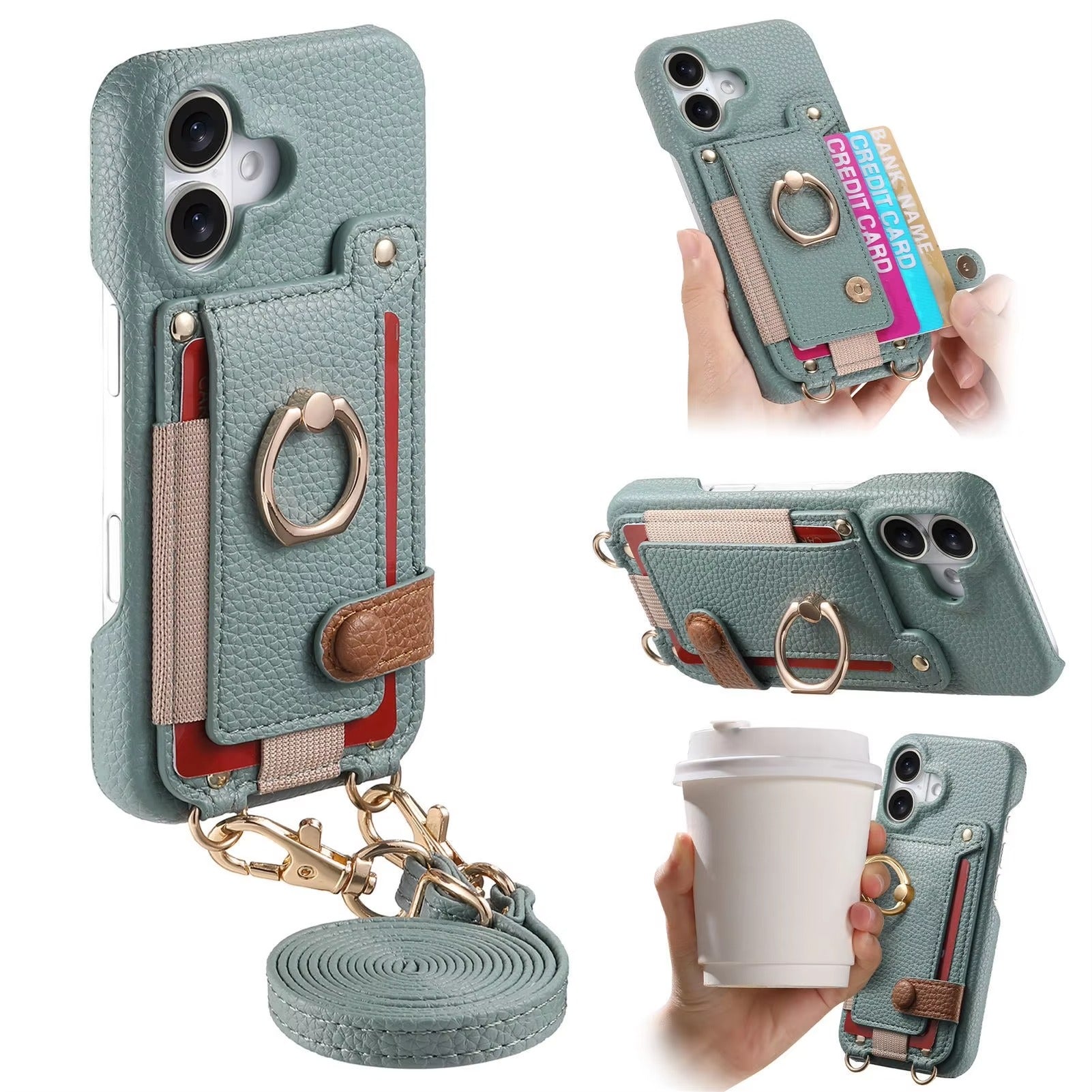 Luxury iPhone Case — PU Leather Crossbody Zipper Wallet Cover with Ring Holder, Card Slot Storage and Anti-Fingerprint Shockproof Protection