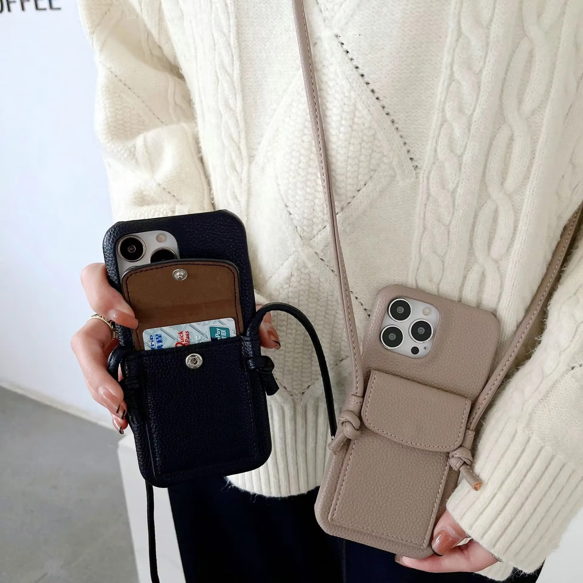 Luxury iPhone Case — PU Leather Crossbody Wallet Cover with Card Slot, Magnetic Closure and Lanyard Shoulder Strap for Shockproof Protection