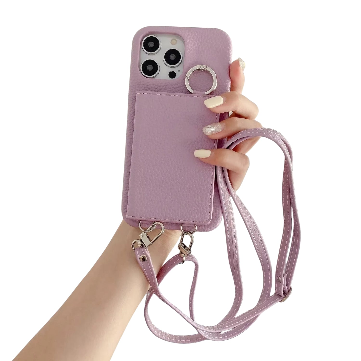 Luxury iPhone Case — PU Leather Mirror Wallet Cover with Card Slot, Ring Holder, Kickstand and Crossbody Lanyard for Shockproof Protection