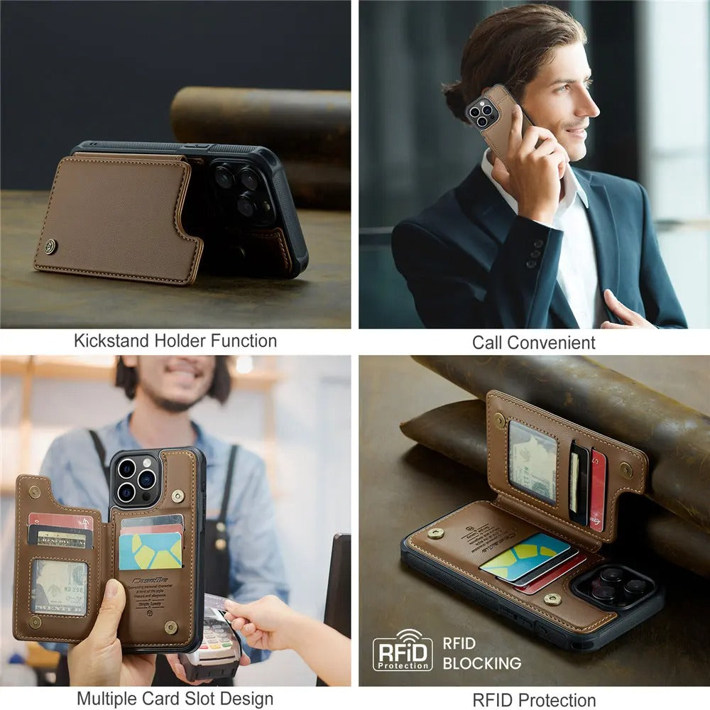 Luxury iPhone Case — PU Leather Wallet Cover with RFID-Blocking Card Slots, Magnetic Clasp and Durable Kickstand Protective Design