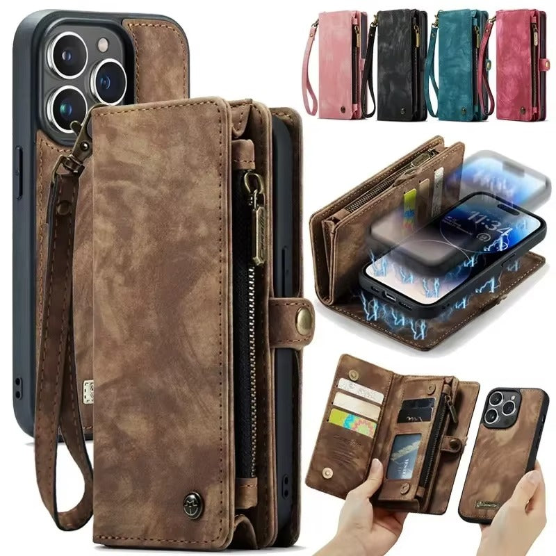 Luxury iPhone Case — Removable Magnetic Wallet Cover with Metal Zipper, 8-Slot Card Purse, Anti-Fingerprint Leather Design and Lanyard Strap