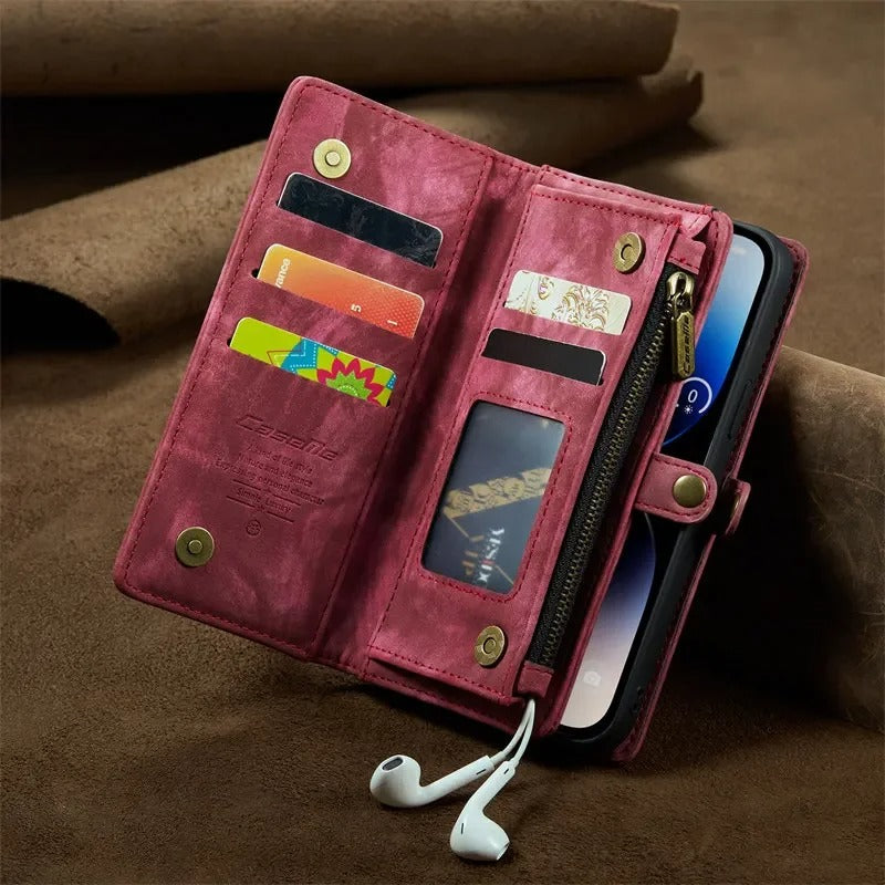 Luxury iPhone Case — Removable Magnetic Wallet Cover with Metal Zipper, 8-Slot Card Purse, Anti-Fingerprint Leather Design and Lanyard Strap