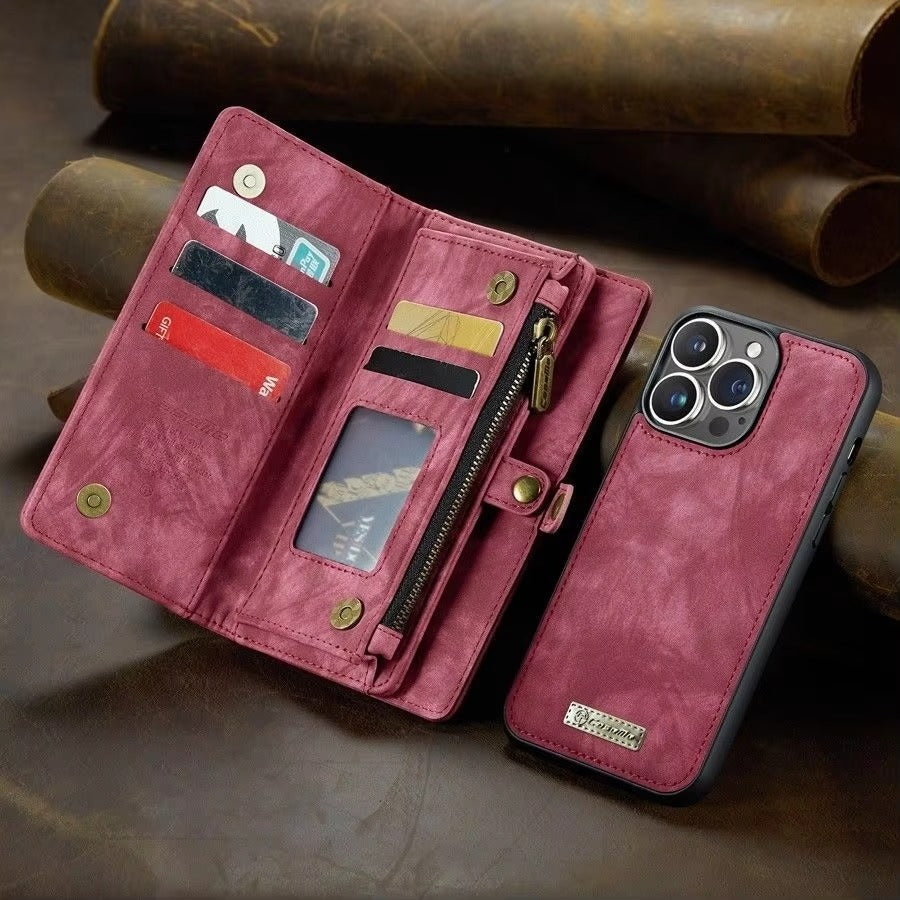 Luxury iPhone Case — Removable Magnetic Wallet Cover with Metal Zipper, 8-Slot Card Purse, Anti-Fingerprint Leather Design and Lanyard Strap