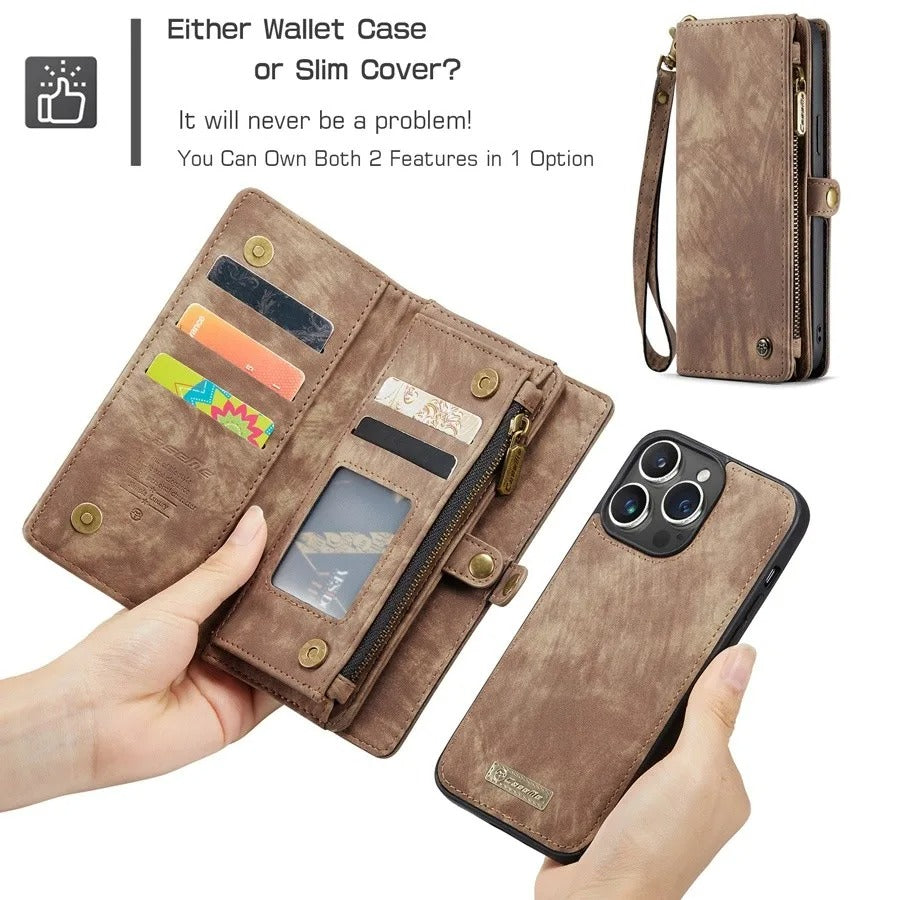 Luxury iPhone Case — Removable Magnetic Wallet Cover with Metal Zipper, 8-Slot Card Purse, Anti-Fingerprint Leather Design and Lanyard Strap