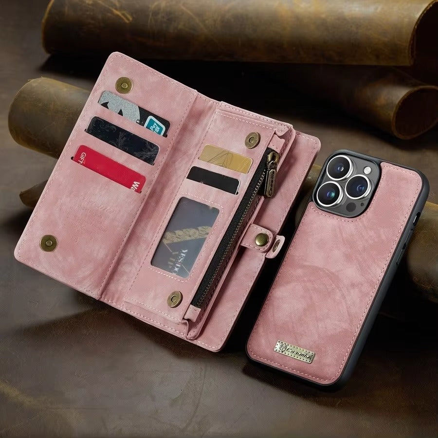 Luxury iPhone Case — Removable Magnetic Wallet Cover with Metal Zipper, 8-Slot Card Purse, Anti-Fingerprint Leather Design and Lanyard Strap