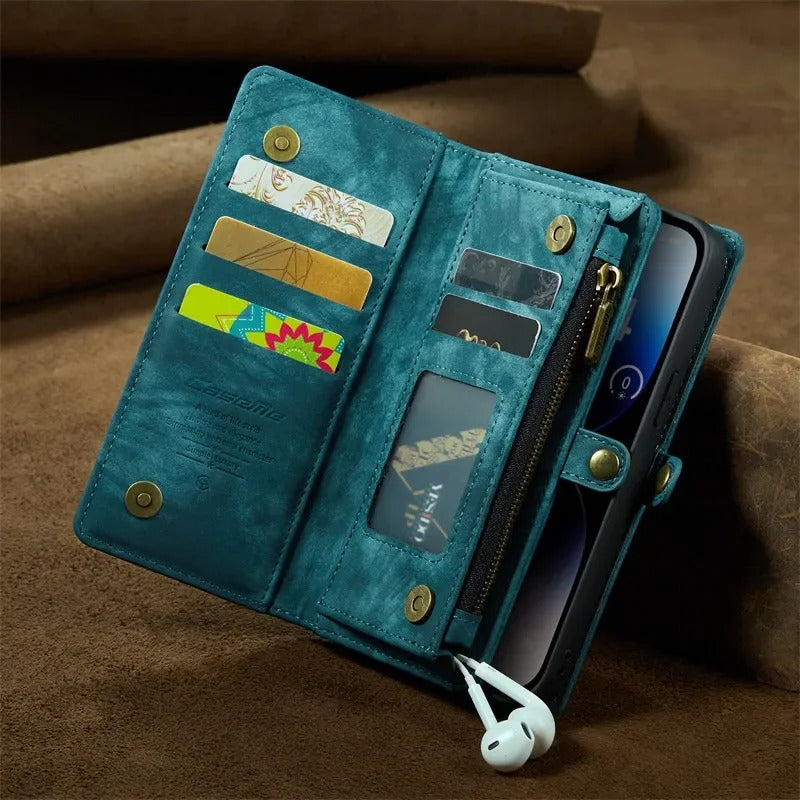 Luxury iPhone Case — Removable Magnetic Wallet Cover with Metal Zipper, 8-Slot Card Purse, Anti-Fingerprint Leather Design and Lanyard Strap