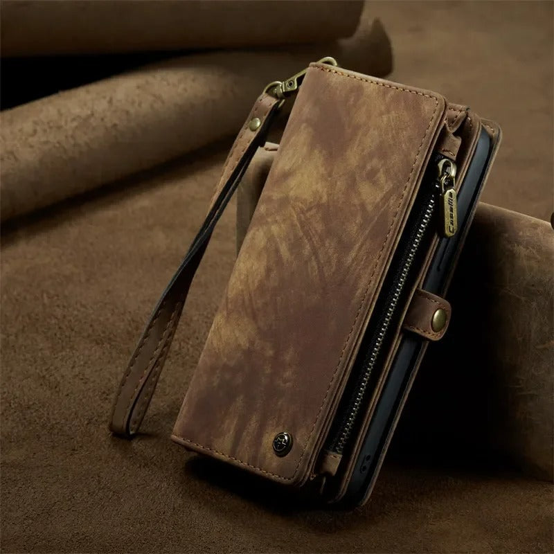 Luxury iPhone Case — Removable Magnetic Wallet Cover with Metal Zipper, 8-Slot Card Purse, Anti-Fingerprint Leather Design and Lanyard Strap