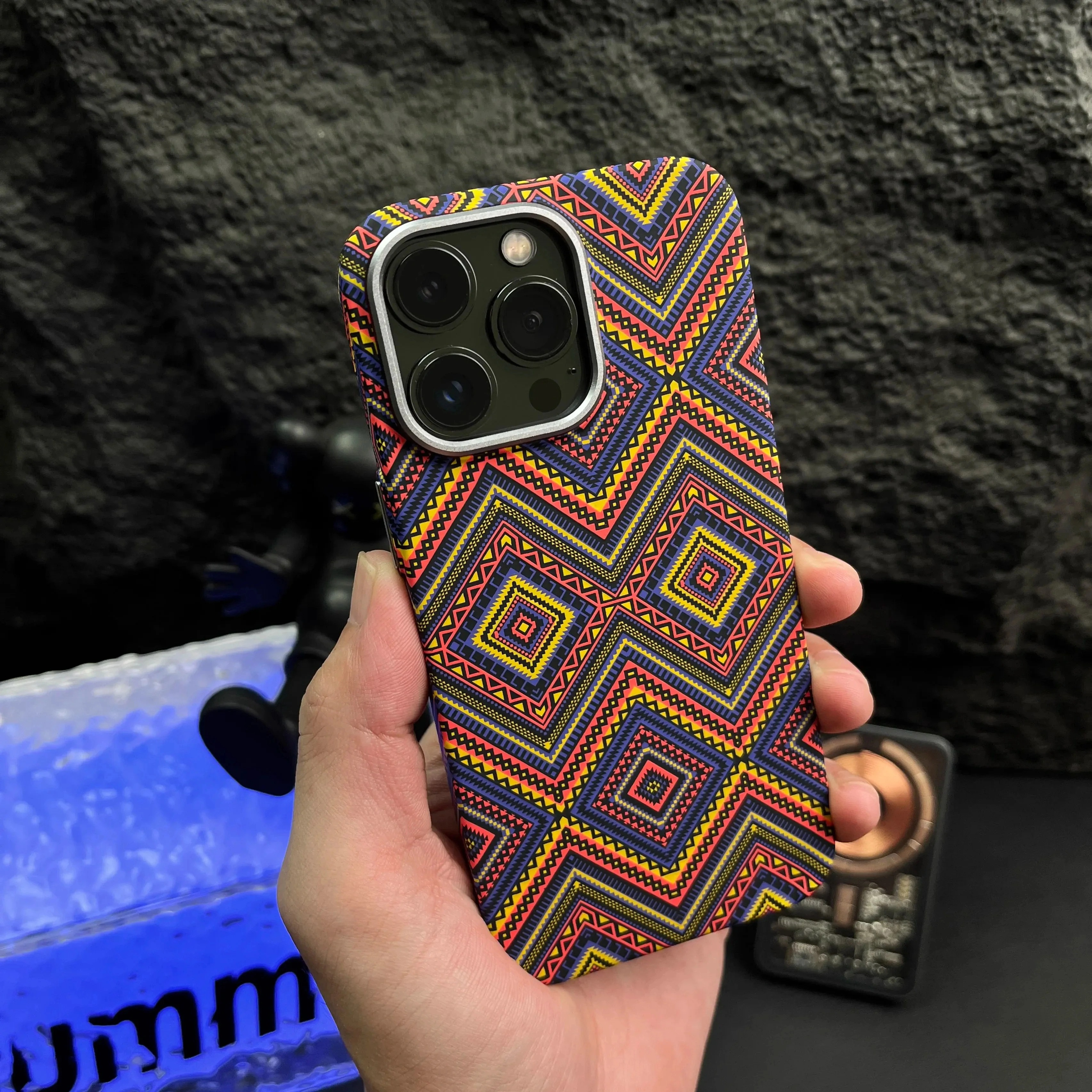 Luxury iPhone Case — Retro Geometric Totem Magnetic Alloy Lens Protection, Shockproof & Wireless Charging Hard Cover