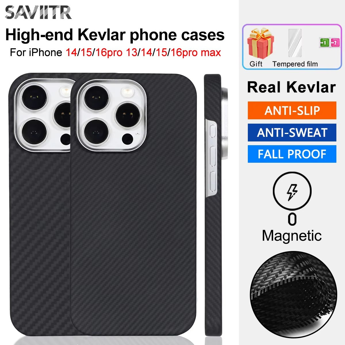 Luxury iPhone Case — SAVIITR Aramid Fiber Magnetic Cover with Carbon Fiber Build, Shockproof Design and MagSafe Compatibility