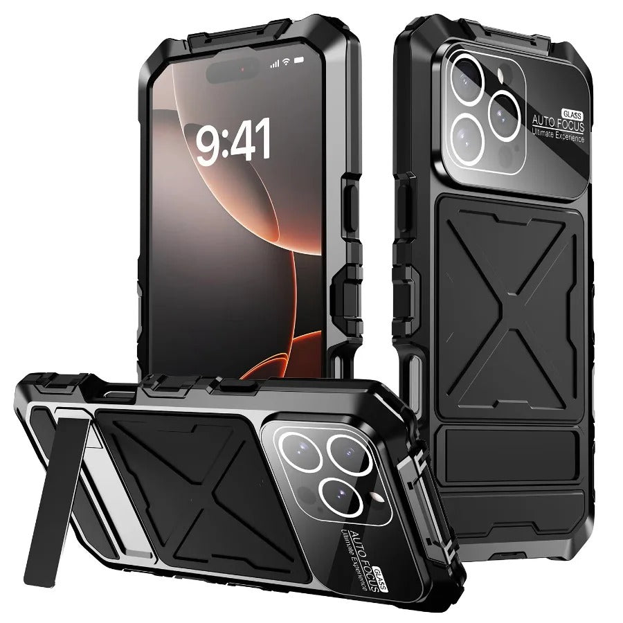Luxury iPhone Case — Shockproof Metal Bumper Protective Cover with Anti-Fall Silicone Bracket & Rugged Design