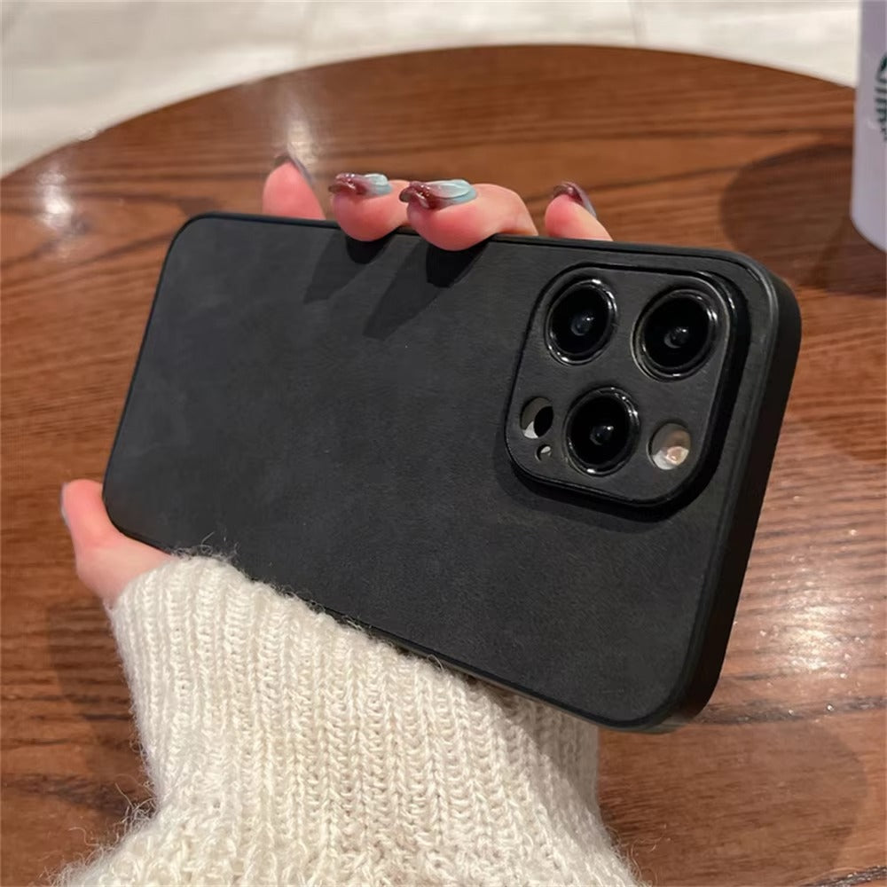 Luxury iPhone Case — Suede Leather Electroplated Ultra-Thin Cover with Soft Silicone Edges, Shockproof Non-Slip Design and Camera Lens Protection