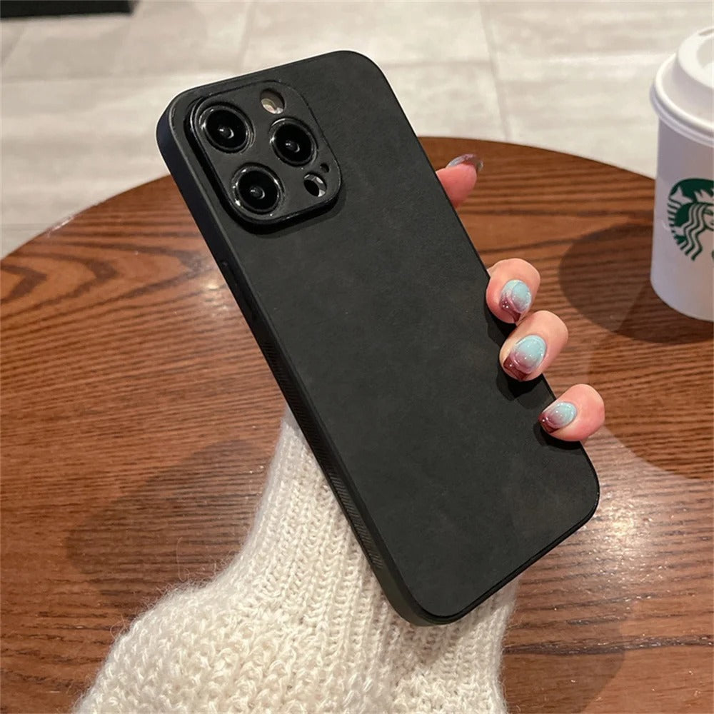 Luxury iPhone Case — Suede Leather Electroplated Ultra-Thin Cover with Soft Silicone Edges, Shockproof Non-Slip Design and Camera Lens Protection