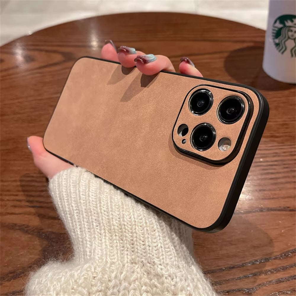 Luxury iPhone Case — Suede Leather Electroplated Ultra-Thin Cover with Soft Silicone Edges, Shockproof Non-Slip Design and Camera Lens Protection