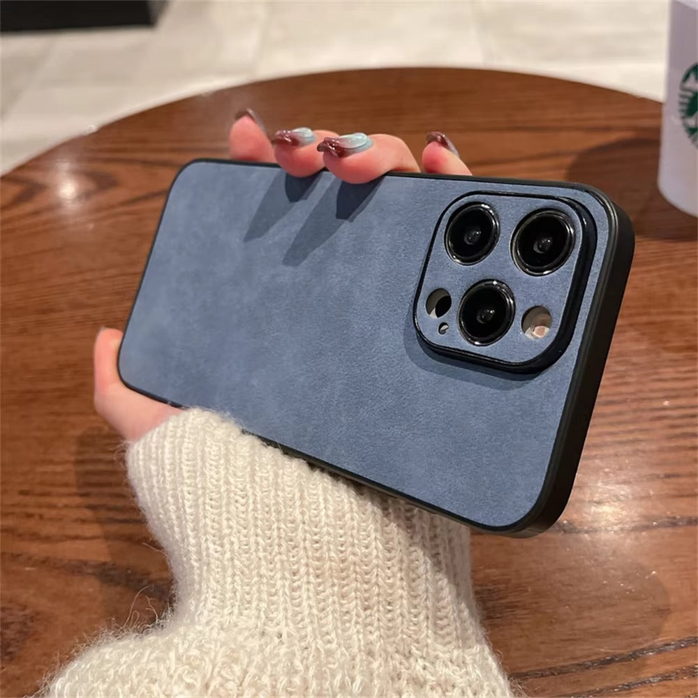 Luxury iPhone Case — Suede Leather Electroplated Ultra-Thin Cover with Soft Silicone Edges, Shockproof Non-Slip Design and Camera Lens Protection