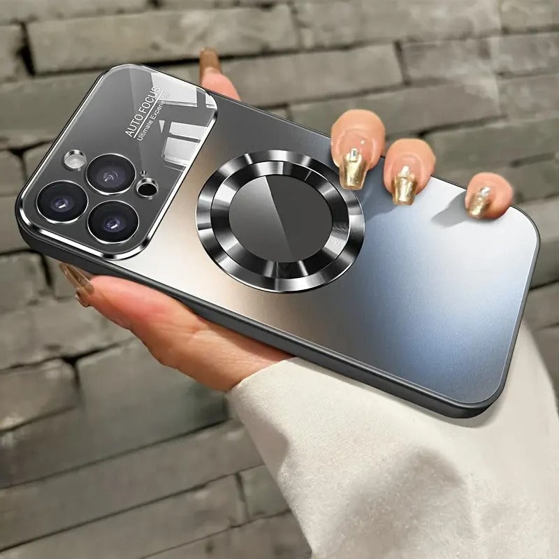Luxury iPhone Case — Titanium-Metallic Matte MagSafe Cover with Lens Camera Protection, Shockproof PC and Silicone Design and Exposed Logo Style